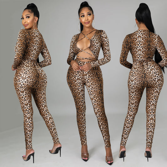 Jumpsuit Estampado Leopardo Ajustado de Manga Larga