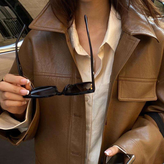 Chaqueta de Cuero para Mujer con Solapa Suelta y Bolsillos