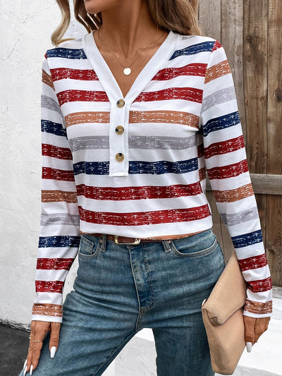 Blusa Mujer Rayas Cuello V Manga Larga con Detalles de Cierre - Image 12