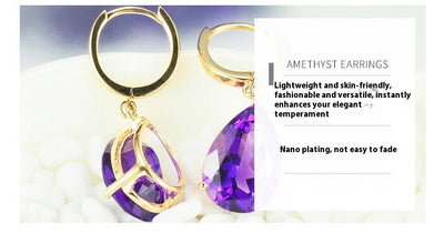 Rose gold necklace with a teardrop purple gemstone pendant and matching dangle earrings. - Image 16