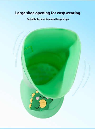 Four yellow silicone dog booties with a cartoon dog face emblem and "LUCKY" strap on a light blue background. - Image 14