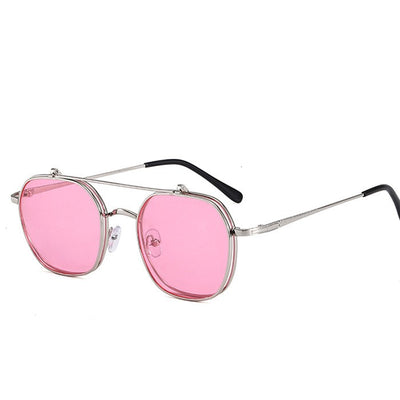 Gold frame flip-up sunglasses with brown lenses, featuring a double-layer design and black temple tips. - Image 10