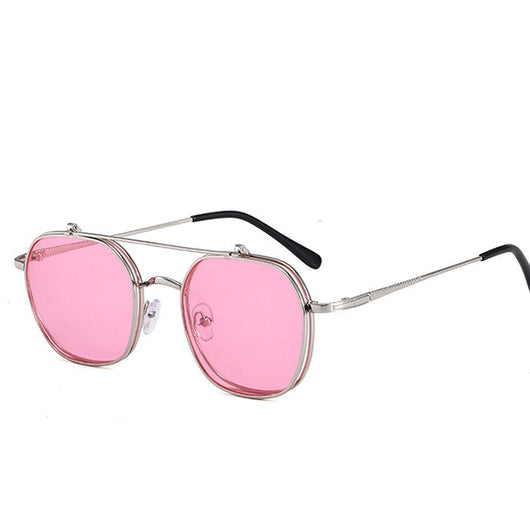 Gold frame flip-up sunglasses with brown lenses, featuring a double-layer design and black temple tips. - Image 10