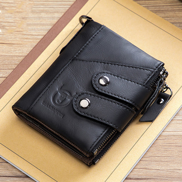 Billetera Hombre Cuero Genuino Retro Cierre Tres Pliegues