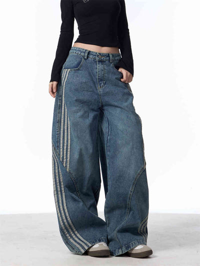 Pantalones Jeans Anchos Efecto Vintage con Costuras a Rayas para Mujer - Image 4