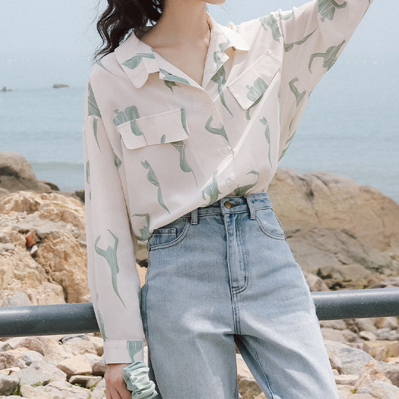 Blusa Vintage Flora de Hong Kong en Chifón con Manga Larga