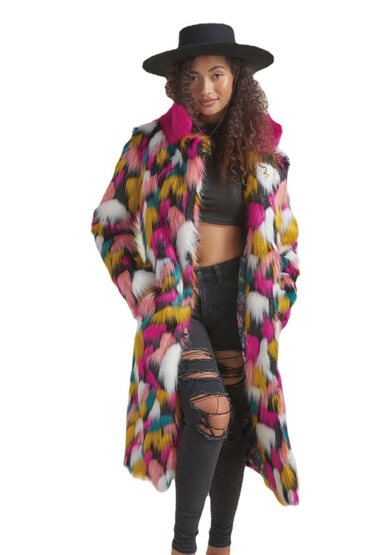 Abrigo Midi para Mujer con Cuello de Pelaje Arcoíris - Image 3