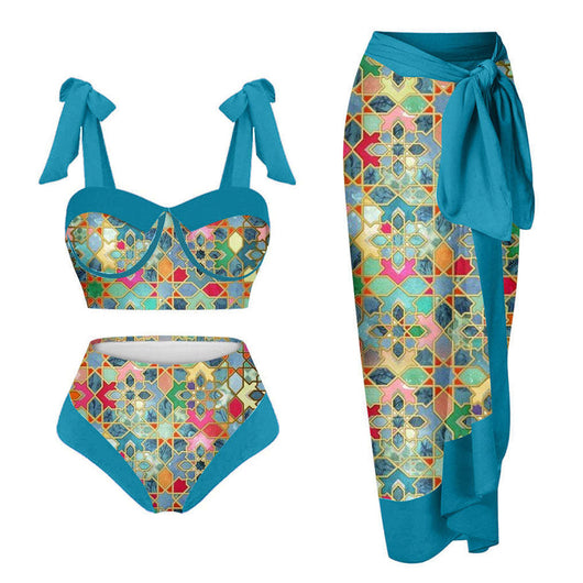 Women's three-piece swimsuit with tropical pomegranate, hibiscus, and bird print bikini and magenta sarong. - Image 20