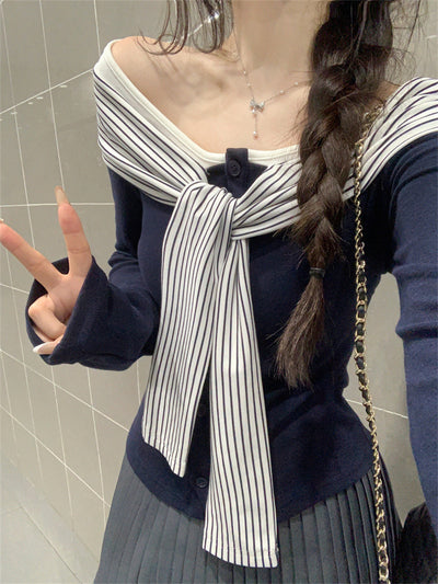 Blusa Rayas con Cordones y Encaje Manga Larga para Mujer - Image 14