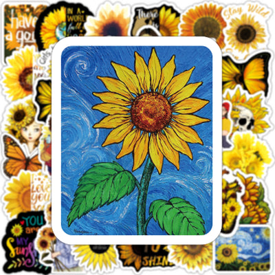 A collection of sunflower stickers, including a large central sticker with a Van Gogh-inspired sunflower painting on a blue background. - Image 8