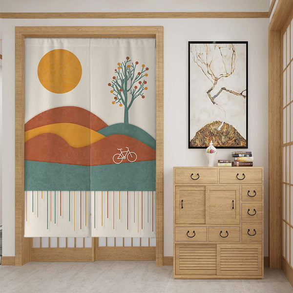 Fabric door curtain with a modern botanical design, featuring large green leaves, a snail, and geometric shapes. - Image 5