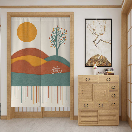Fabric door curtain with a modern botanical design, featuring large green leaves, a snail, and geometric shapes. - Image 5