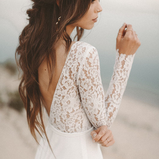 Vestido de Novia Playa Chifón Manga Larga Escote V Espalda Descubierta - Image 5