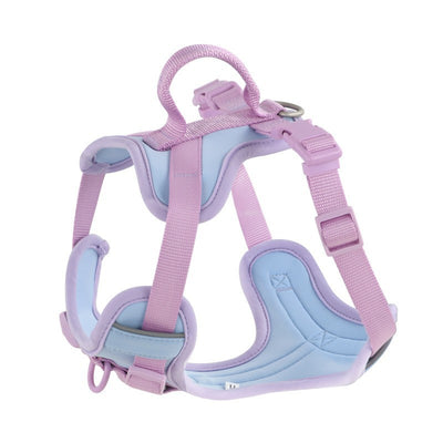 Pink and blue dog harness with padded chest and back, adjustable straps, and a top handle for walking. - Image 5