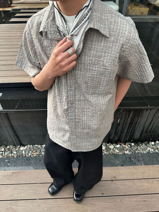 Camisa Cuadriculada Seersucker Suelta para Hombre - Manga Corta Verano - Image 13