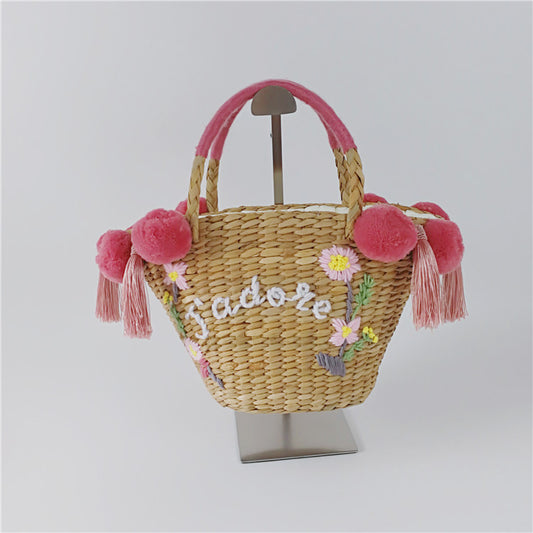Bolsa de Paja Bordada con Detalles de Letras y Pompones para Mujer