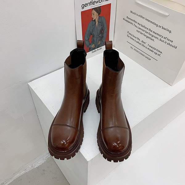 Botas Plataforma Retro British Style en Terciopelo Marrón - Botas Skinny para Invierno