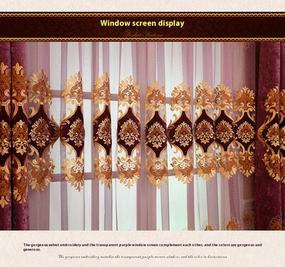 Purple chenille velvet curtains with gold embroidery, tied back to reveal a sheer embroidered curtain behind. - Image 13