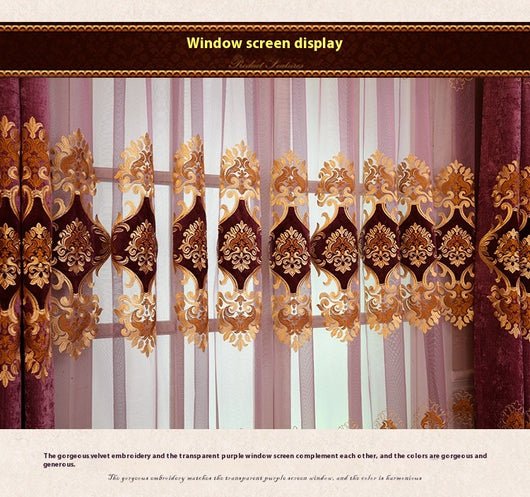 Purple chenille velvet curtains with gold embroidery, tied back to reveal a sheer embroidered curtain behind. - Image 13
