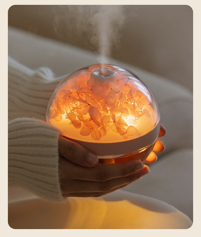 Pink round mini humidifier with clear dome, decorative pink flowers, and a light-up base, ideal for desktop or bedroom. - Image 17