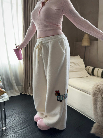 Pantalones Anchos de Lana Cordero con Bordado de Cachorro - Casual y Cómodo - Image 20