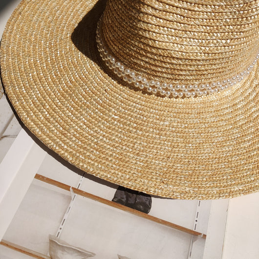 Sombrero de Paja Jazz con Cadena de Perlas y Ala Ancha para Playa - Image 9