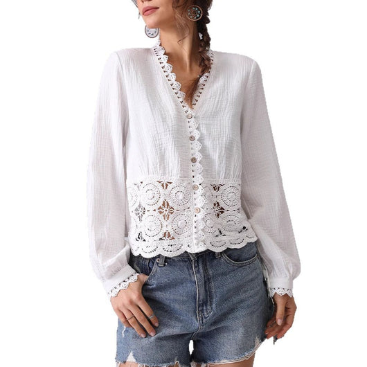 Blusa Suelta de Encaje Hueco Francés para Mujer - Image 5