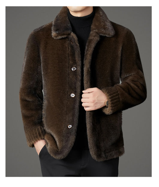 Abrigo de Invierno para Hombre con Cuello Solapa y Piel de Visón Dorado - Image 42