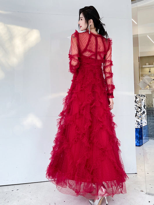 Vestido Rojo Elegante de Novia con Mangas Largas para Dama - Image 4
