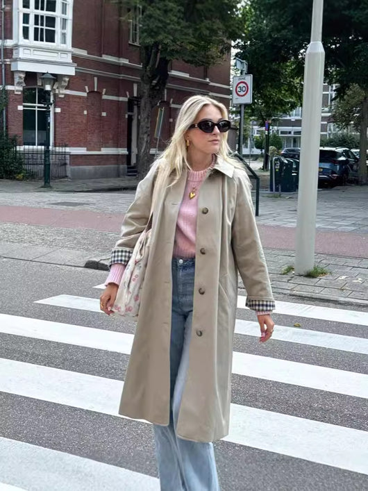 Abrigo Tipo Polo Trench Coat para Mujer Beige Abotonado Simple - Image 17