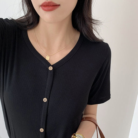 Camiseta Suelta V-Neck Ice Silk Negro con Capas - Image 2