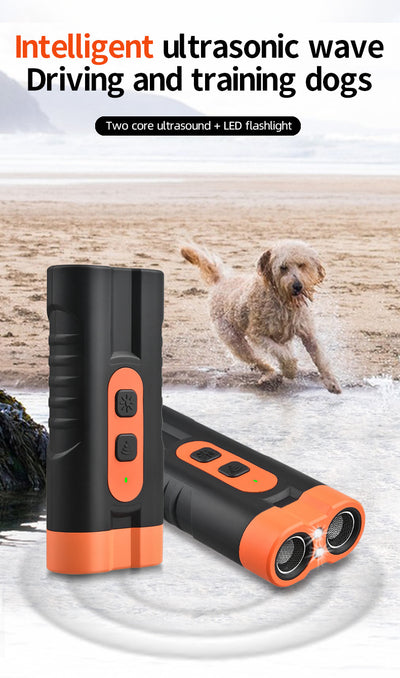 Black and orange handheld ultrasonic dog repellent with two sound emitters and two control buttons. - Image 13