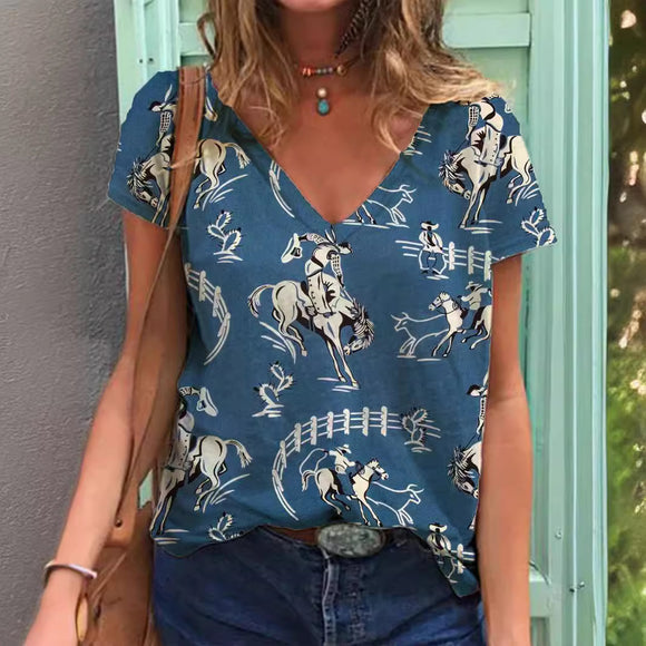 Playera Cuello V Estampado Retro 3D para Mujer