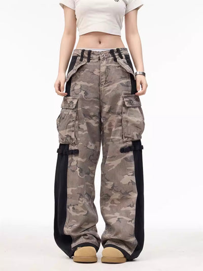 Pantalones Anchos Patchwork Retro con Cremallera Camuflaje Unisex - Image 3