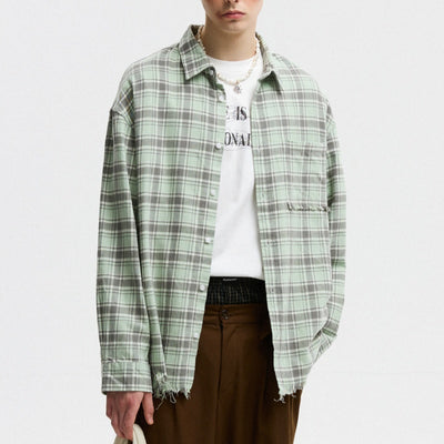 Camisa a Cuadros Unisex Estilo Americano Otoñal con Bordes Deshilachados - Image 5