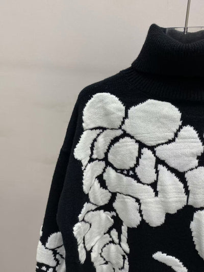 Suéter Retro de Punto Holgado con Cuello Alto y Flores Tridimensionales - Image 9