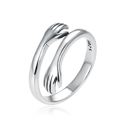 Anillo de Plata 925 Dos Manos Abrazo Retro Tailandés Minimalista - Image 3