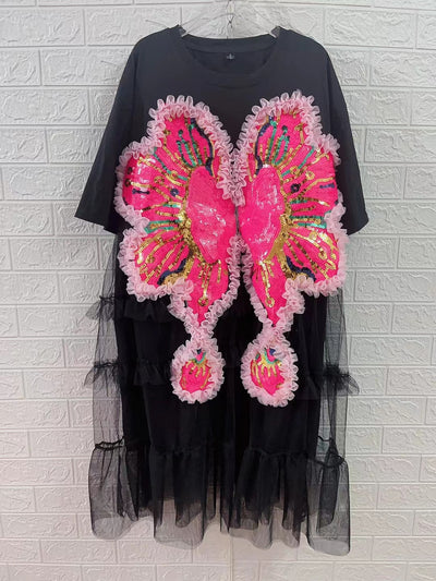 Vestido Camiseta Patchwork Mesh Mujer - Image 10