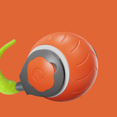 Blue interactive cat toy ball with a lime green tail and a power button, designed for indoor cats. - Image 11