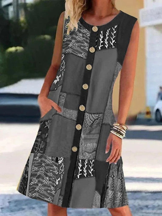 Vestido Sin Mangas con Cuello Redondo, Estampado y Bolsillos Contrastantes - Image 11