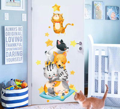 Cartoon cat wall sticker featuring multiple playful cats, one reaching for a fish, with "I LOVE FISH" text. - Image 8