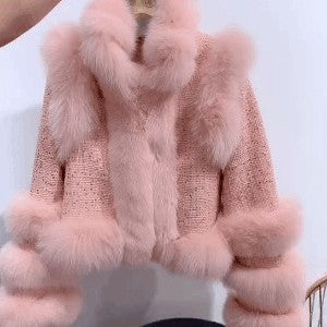 Abrigo Corto Mujer Tweed con Detalles de Piel de Zorro - Invierno - Image 9
