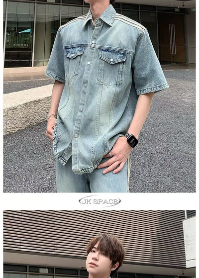 Camisa Denim Retro con Tres Rayas Laterales para Hombre - Image 28