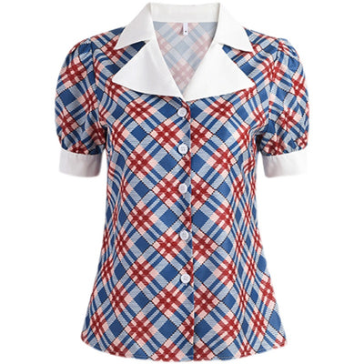 Camisa Suelta de Manga Corta con Cuello Solapa y Contraste de Cuadros Diamante - Image 8