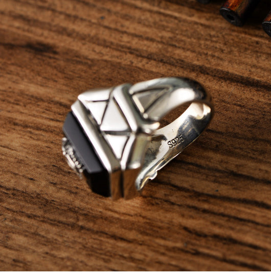 Anillo de Plata Ley 925 con Ágata Negra para Hombre - Diseño Dominante Azul Marino - Image 7
