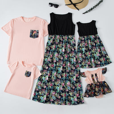 Family matching outfits including a peach and floral maxi dress, two short-sleeve shirts, a sleeveless dress, and a baby romper. - Image 15