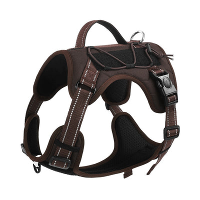 Purple pet harness with reflective straps, a top handle, and a metal D-ring for leash attachment. - Image 9