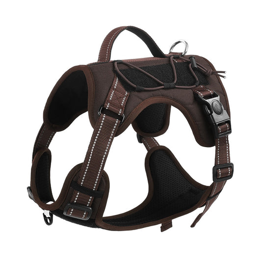 Purple pet harness with reflective straps, a top handle, and a metal D-ring for leash attachment. - Image 9