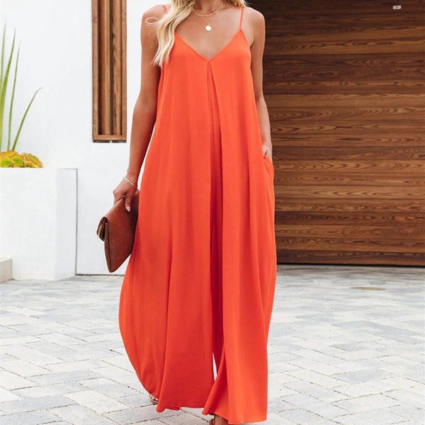 Jumpsuit Ancho de Tiro Bajo con Bolsillos - Diseño Sólido y Casual