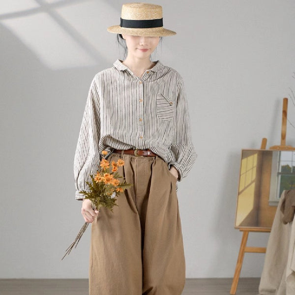 Blusa Retro de Lino y Algodón a Rayas con Diseño Artístico